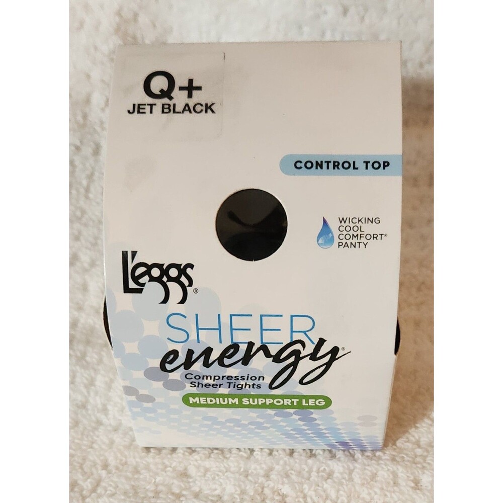 Leggs Sheer Energy Size Q+ Jet Black Control Top Cool Comfort Medium Leg Support